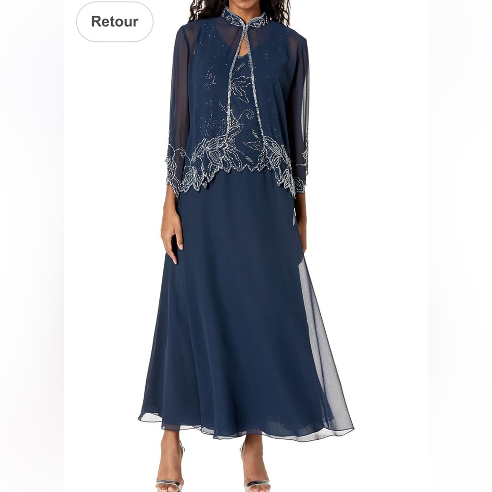 J Kara Navy Formal Dress with Silver Embellishments